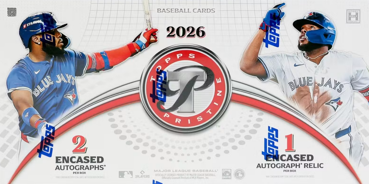 Topps 2026 Baseball Cards Pristine box art packaging featuring two Toronto Blue Jays baseball players, one in a blue jersey and one in a white jersey, with the Topps logo and '2026' centered on a white background.