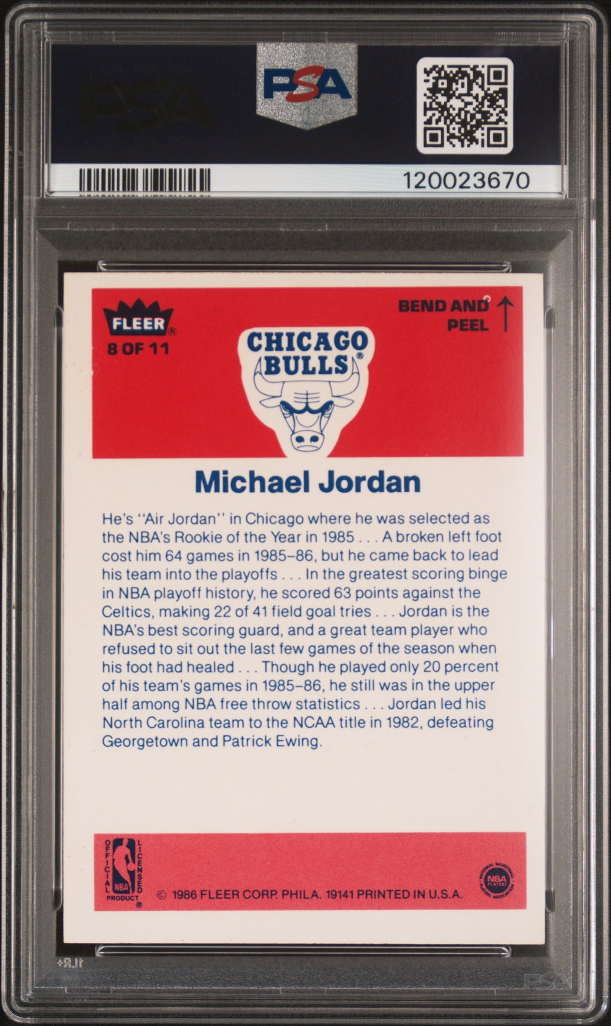 1986-87 Fleer Sticker #8 Michael Jordan Rookie Card - PSA EX-MT 6 RC Bulls