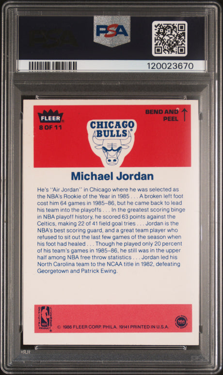 1986-87 Fleer Sticker #8 Michael Jordan Rookie Card - PSA EX-MT 6 RC Bulls