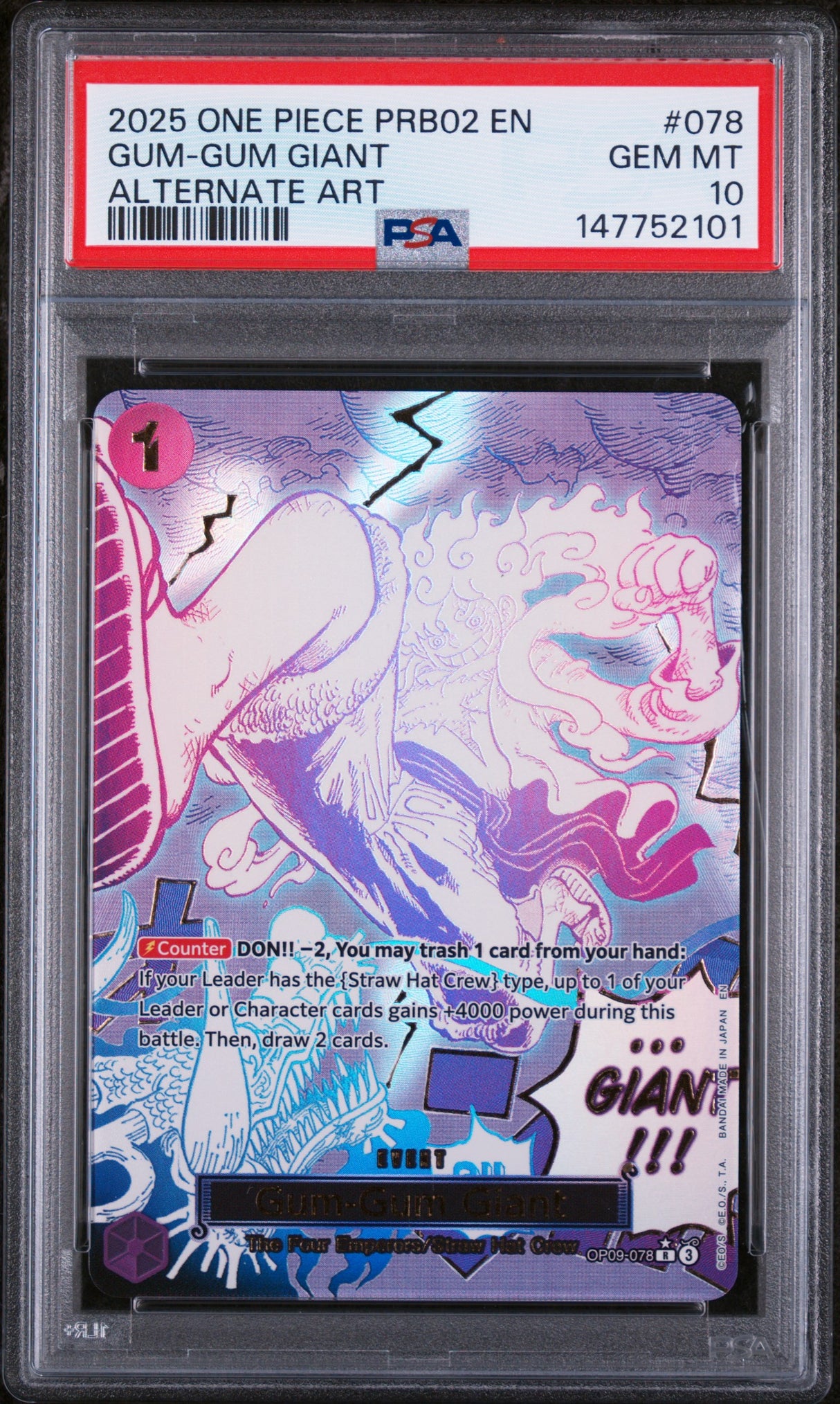 2025 One Piece PRB02 EN #078 GUM GUM GIANT Alternate Art PSA 10 GEM MINT
