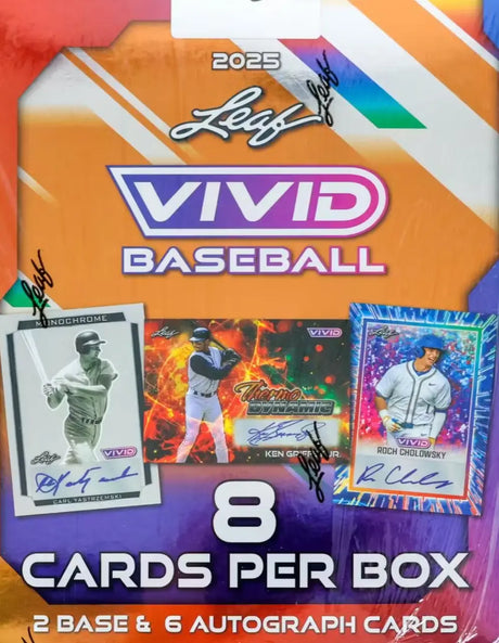 Leaf Vivid baseball trading card box with colorful design and card images.