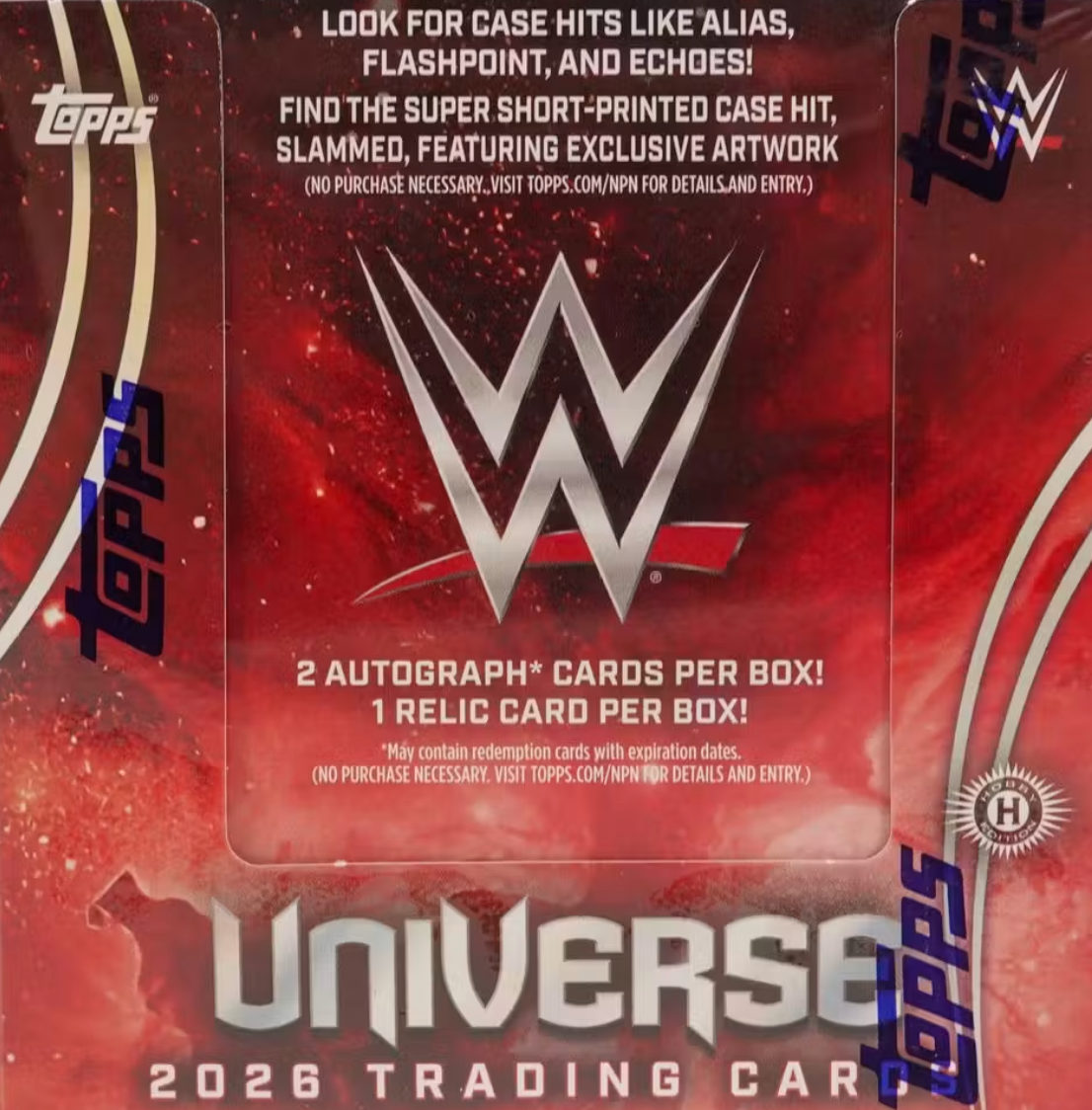 WWE Universe 2026 Trading Card Box Topps packaging featuring a red and black cosmic background with the WWE logo in the center and multiple Topps and WWE brand marks.